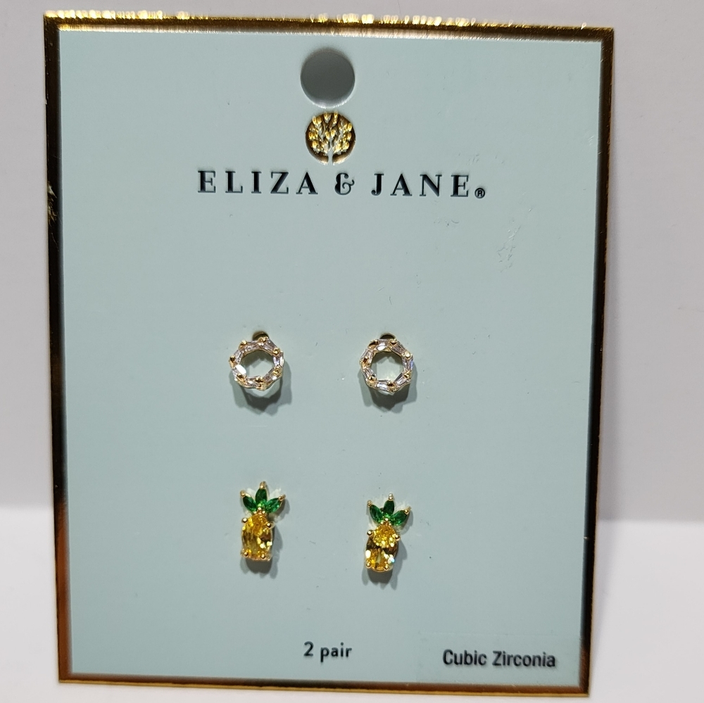 Eliza & Jane CZ Pineapple Stud Earrings Round White CZ Stud Earrings New